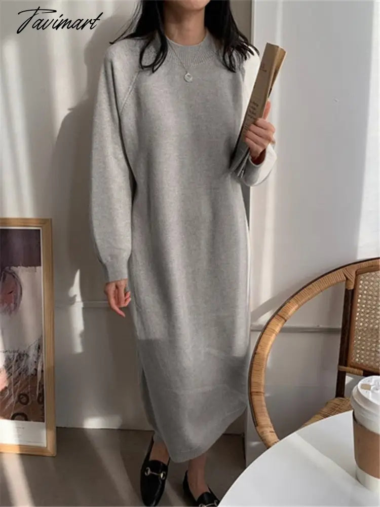 Autumn Winter New O-Neck Casual Loose Knitted Dress Female Straight Long Sleeve Oversize Sweater Womens Long Dress