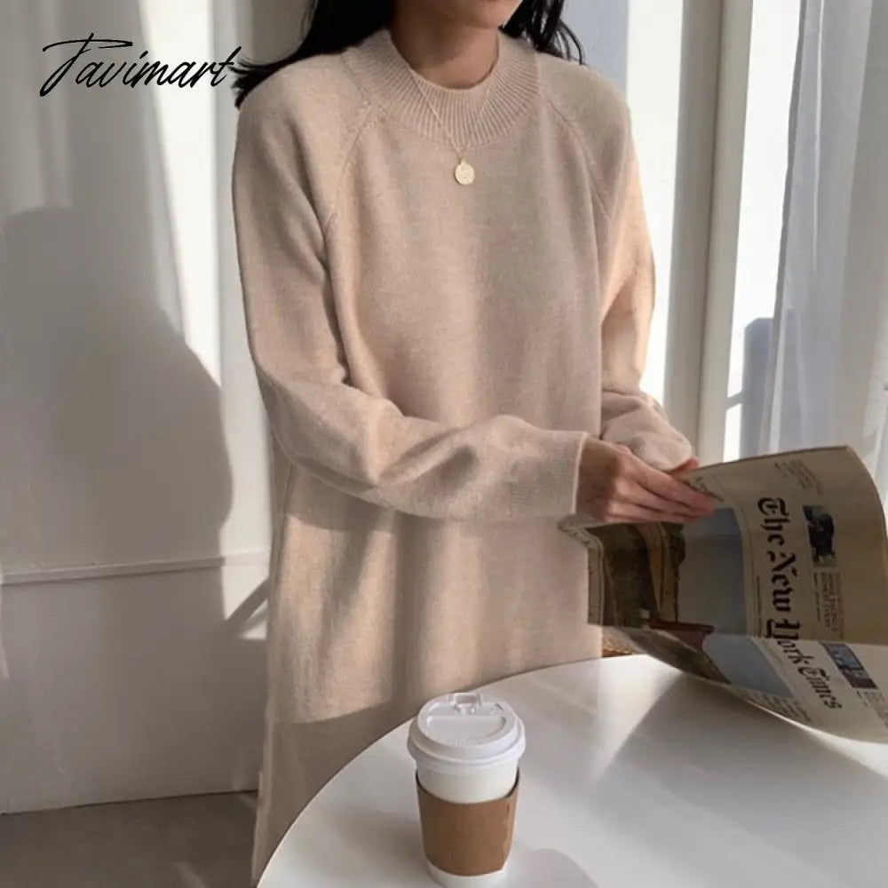 Autumn Winter New O-Neck Casual Loose Knitted Dress Female Straight Long Sleeve Oversize Sweater Womens Long Dress