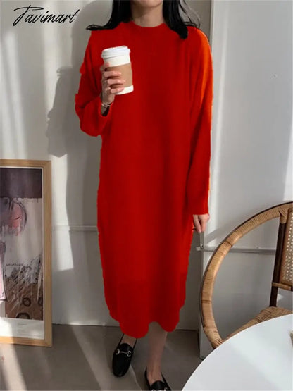 Autumn Winter New O-Neck Casual Loose Knitted Dress Female Straight Long Sleeve Oversize Sweater Womens Long Dress