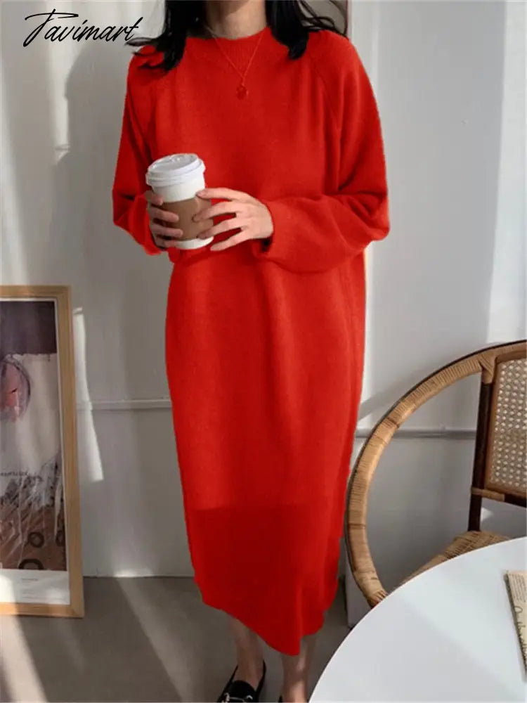 Autumn Winter New O-Neck Casual Loose Knitted Dress Female Straight Long Sleeve Oversize Sweater Womens Long Dress