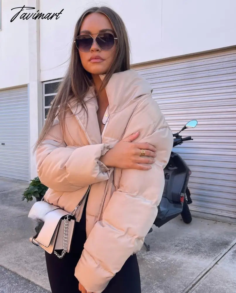 Autumn Women Beige Winter Outerwear Long Sleeve Side Zipper Casual Warm Padded Jacket Coat