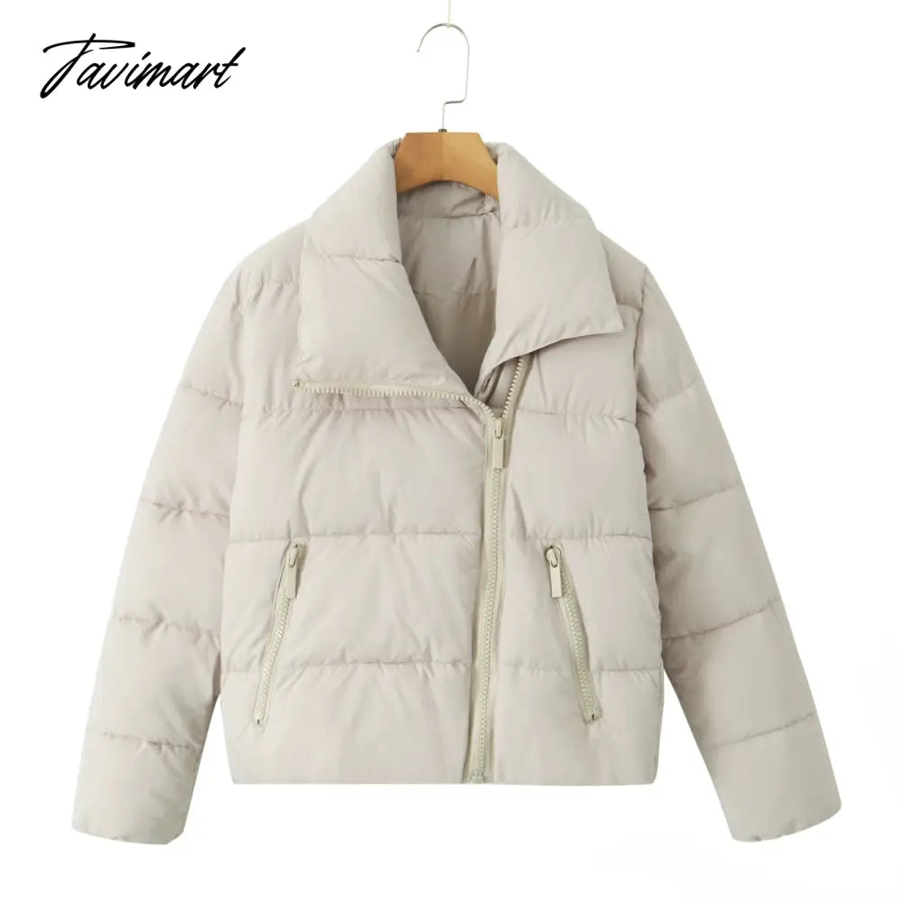 Autumn Women Beige Winter Outerwear Long Sleeve Side Zipper Casual Warm Padded Jacket Coat