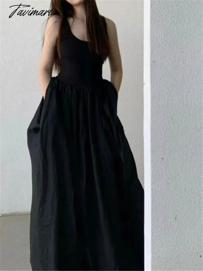 Black Long Tank Dress Women Spring Summer O Neck Floor-length Office Lady Casual Pockets Dresses New Female Clothing