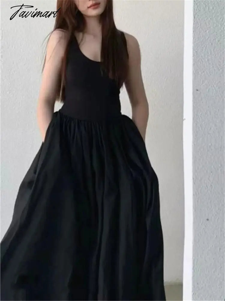 Black Long Tank Dress Women Spring Summer O Neck Floor-length Office Lady Casual Pockets Dresses New Female Clothing