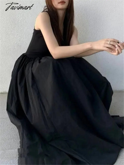 Black Long Tank Dress Women Spring Summer O Neck Floor-length Office Lady Casual Pockets Dresses New Female Clothing