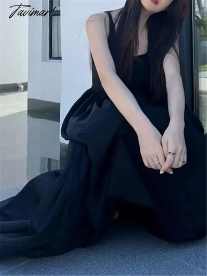 Black Long Tank Dress Women Spring Summer O Neck Floor-length Office Lady Casual Pockets Dresses New Female Clothing