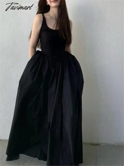 Black Long Tank Dress Women Spring Summer O Neck Floor-length Office Lady Casual Pockets Dresses New Female Clothing