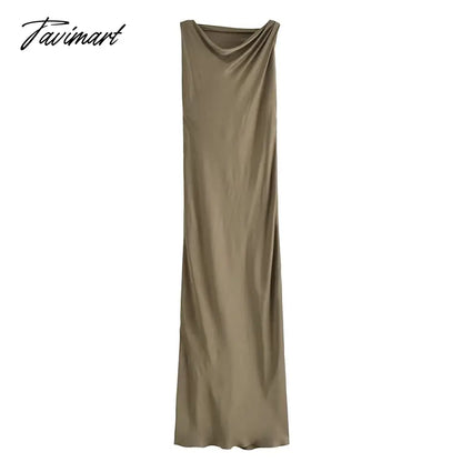 Chic Women Solid Mid-Calf Dresses Elegant Pile Collar Sleeveless Dresses Summer Ladies Fashion Side Split Party Vestidos