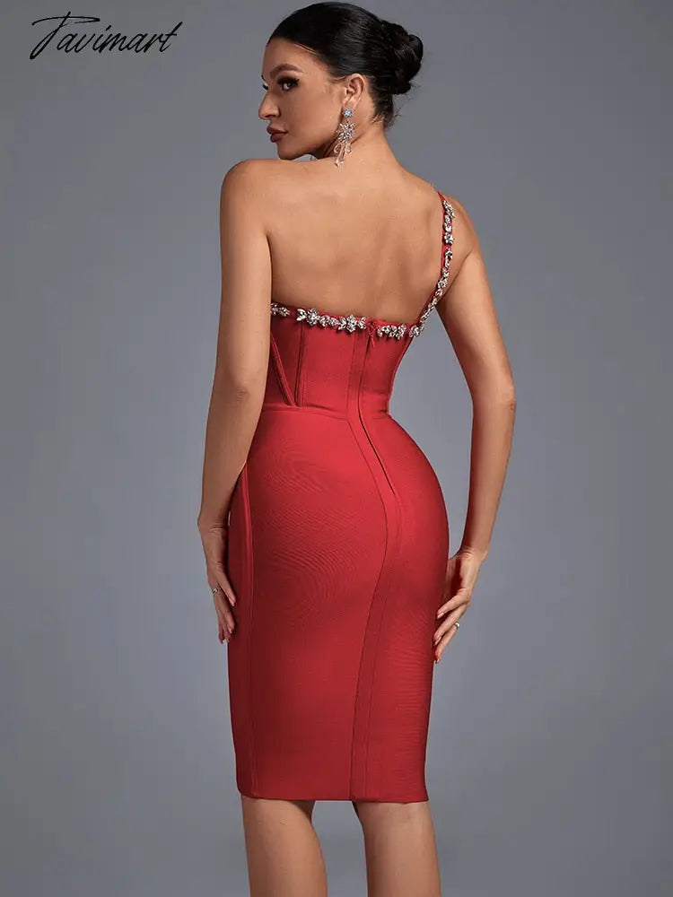 Crystal Bandage Dress Women Red Bodycon Dress Evening Party Elegant Sexy Halter Neck Midi Birthday Club Outfits Summer New