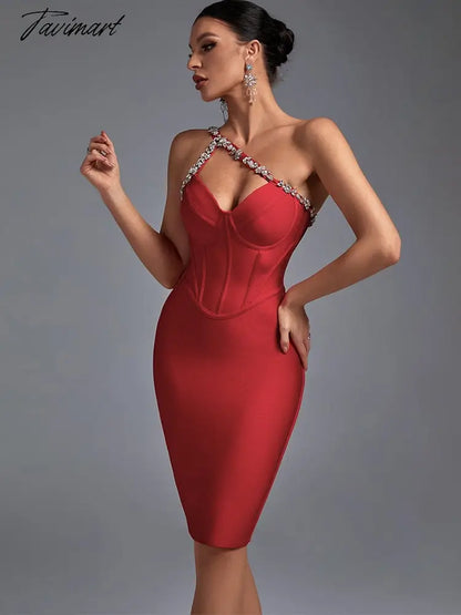 Crystal Bandage Dress Women Red Bodycon Dress Evening Party Elegant Sexy Halter Neck Midi Birthday Club Outfits Summer New