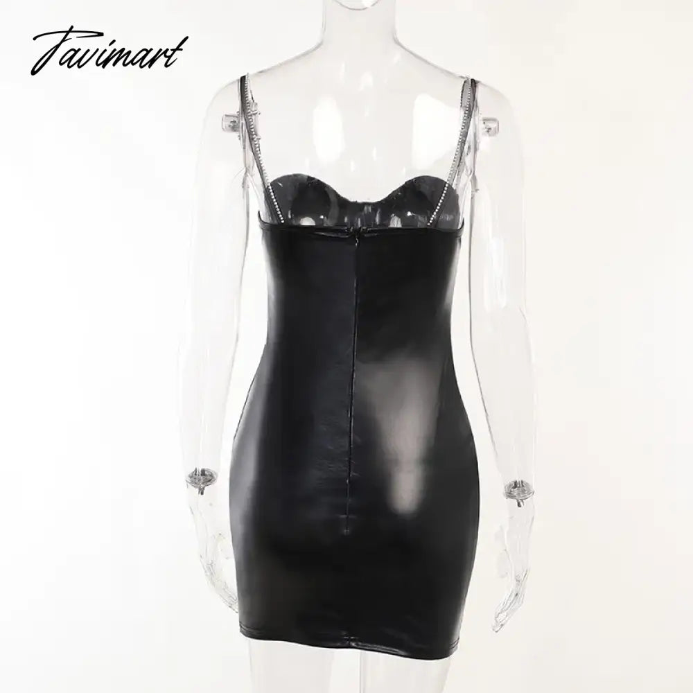 Dress PU leather drill chain strap bag hip skirt ladies spring and autumn French luxury high waist goddess sexy dress