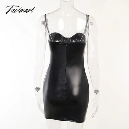 Dress PU leather drill chain strap bag hip skirt ladies spring and autumn French luxury high waist goddess sexy dress