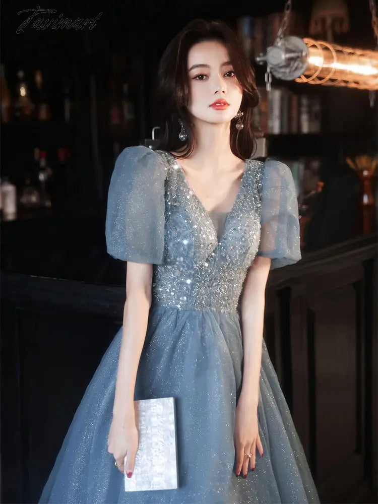 Elegant Bling Blue Evening Dresses Women A-line Sexy V-neck Puff Sleeve Bandage Cocktail Party Prom Gown Vestidos Robe De Soiree