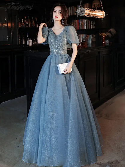 Elegant Bling Blue Evening Dresses Women A-line Sexy V-neck Puff Sleeve Bandage Cocktail Party Prom Gown Vestidos Robe De Soiree