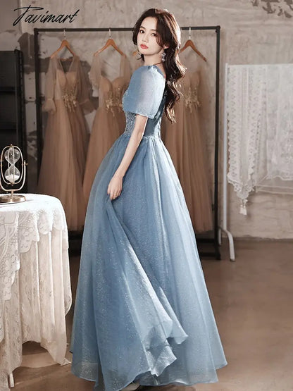 Elegant Bling Blue Evening Dresses Women A-line Sexy V-neck Puff Sleeve Bandage Cocktail Party Prom Gown Vestidos Robe De Soiree