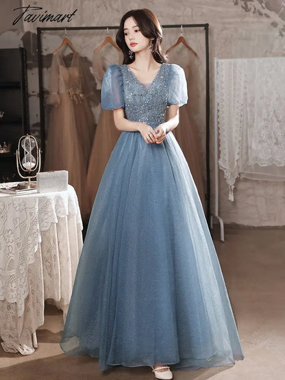 Elegant Bling Blue Evening Dresses Women A-line Sexy V-neck Puff Sleeve Bandage Cocktail Party Prom Gown Vestidos Robe De Soiree