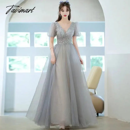 Elegant Bling Blue Evening Dresses Women A-line Sexy V-neck Puff Sleeve Bandage Cocktail Party Prom Gown Vestidos Robe De Soiree