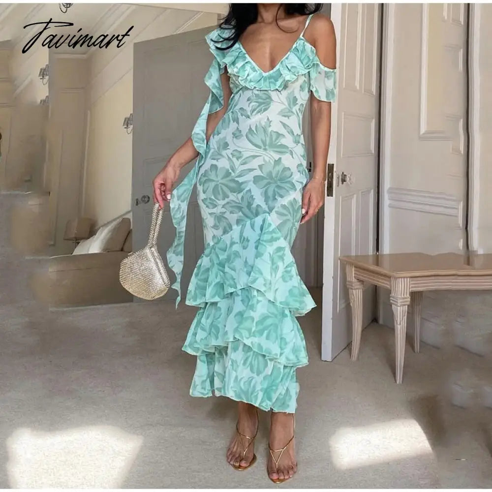 Elegant Sleeveless Slip Long Dress Women Floral V-neck Backless Ruffle Dresses Summer Fashion Slim Print Female Vestidos