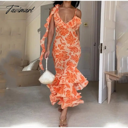 Elegant Sleeveless Slip Long Dress Women Floral V-neck Backless Ruffle Dresses Summer Fashion Slim Print Female Vestidos