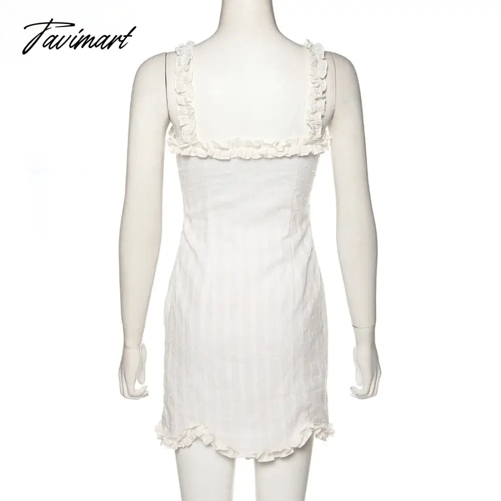 Elegant White Sleeveless Suspender Frilly Girlish Style Mini Dress Romantic Twill Neckline Wrap Hip Skirt Women's Holiday Outfit