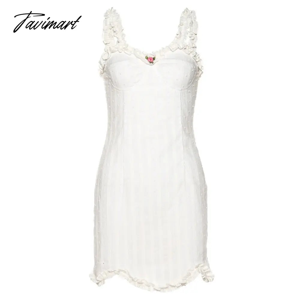 Elegant White Sleeveless Suspender Frilly Girlish Style Mini Dress Romantic Twill Neckline Wrap Hip Skirt Women's Holiday Outfit