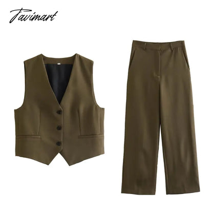 Fashion Ladies V-neck Single Breasted Vest Pants Sets 2pc Summer Casual Solid Blazer Vest Top Zipper Straight Pants Outwear