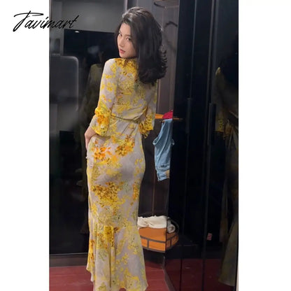 French Style High Waist V-Neck Floral Ruffles Long Dress Mermaid Flare Sleeve Chic And Elegant Woman Party Dress