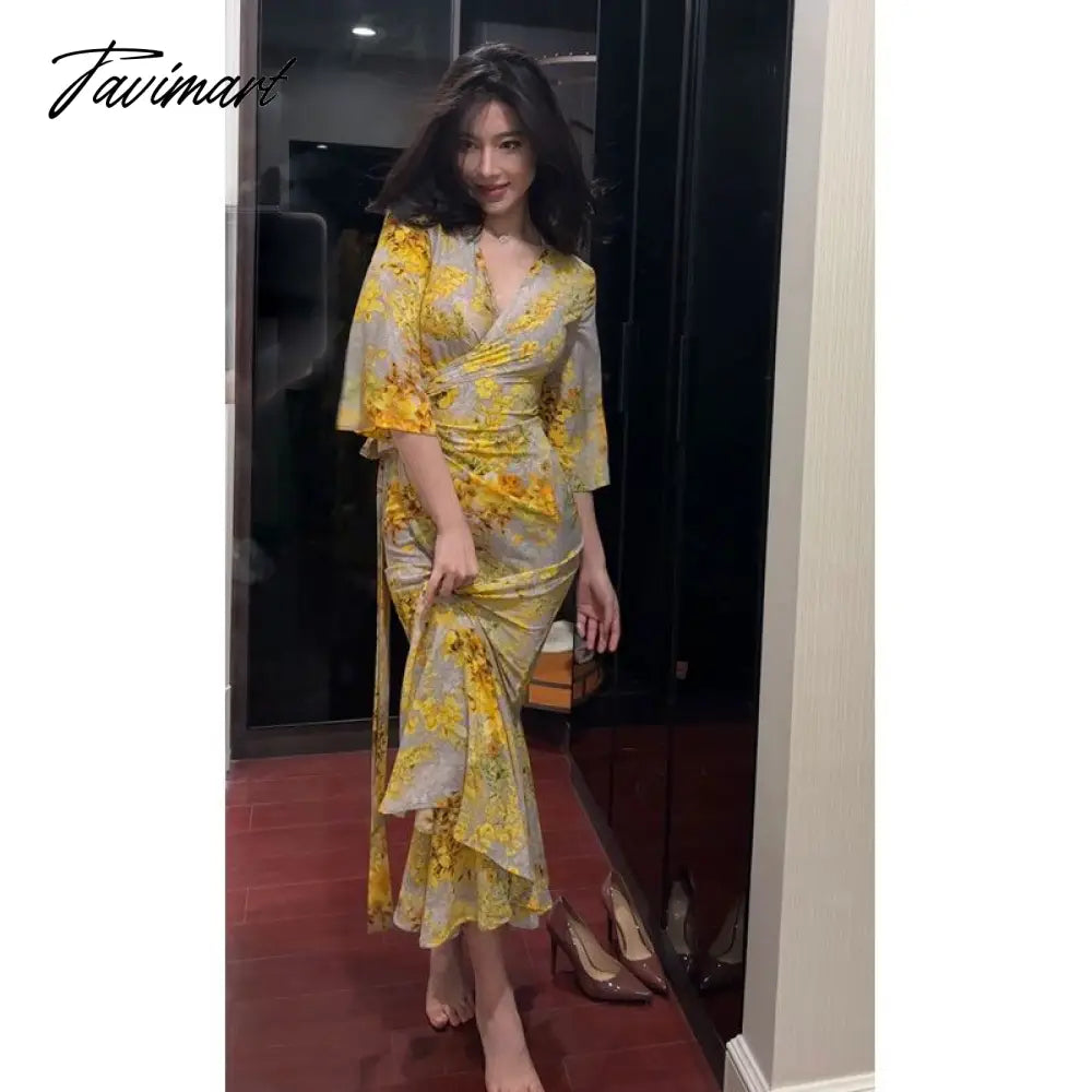 French Style High Waist V-Neck Floral Ruffles Long Dress Mermaid Flare Sleeve Chic And Elegant Woman Party Dress