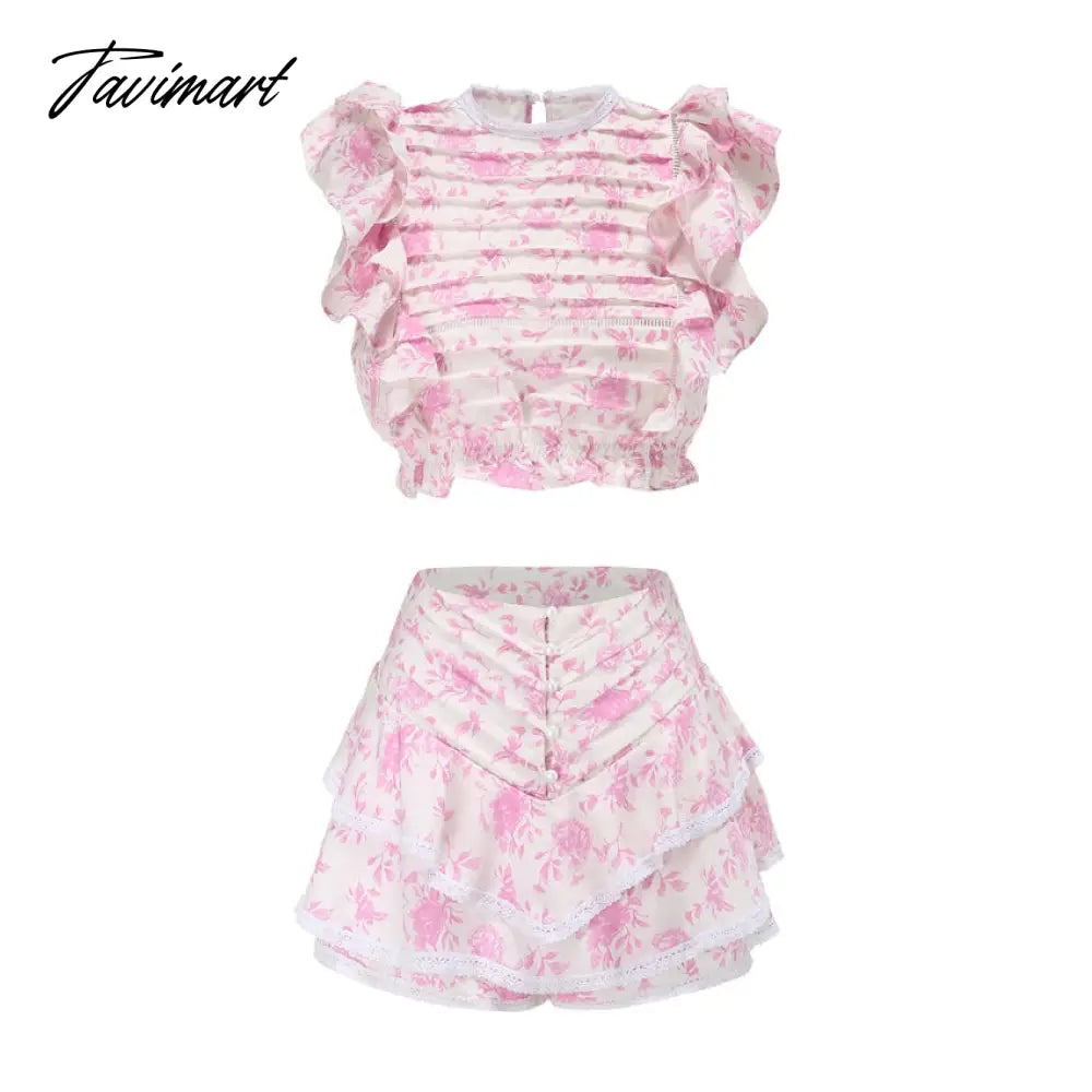 High Quality Sunday Set elastic waistband Cropped top with ruffle detail and cute ruffle mini shorts skirts