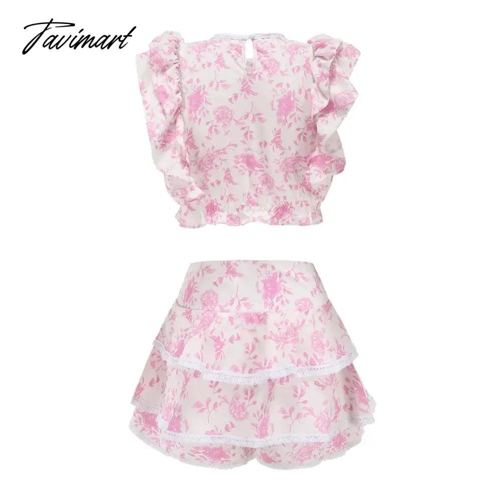 High Quality Sunday Set elastic waistband Cropped top with ruffle detail and cute ruffle mini shorts skirts