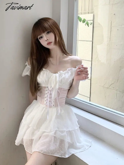 Japanese Kawaii Sweet Two Piece Set Women Puff Sleeve Sexy Party Mini Dress Set Female Korean Fashion Dress + Pink Corset