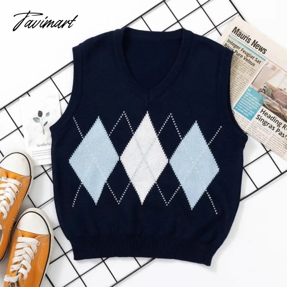 Knitted Vest Vangull Argyle Fashion  Women Casual Korean Pullover Elasticity Sweater Spring Autumn Sleeveless V-Neck Tank Tops