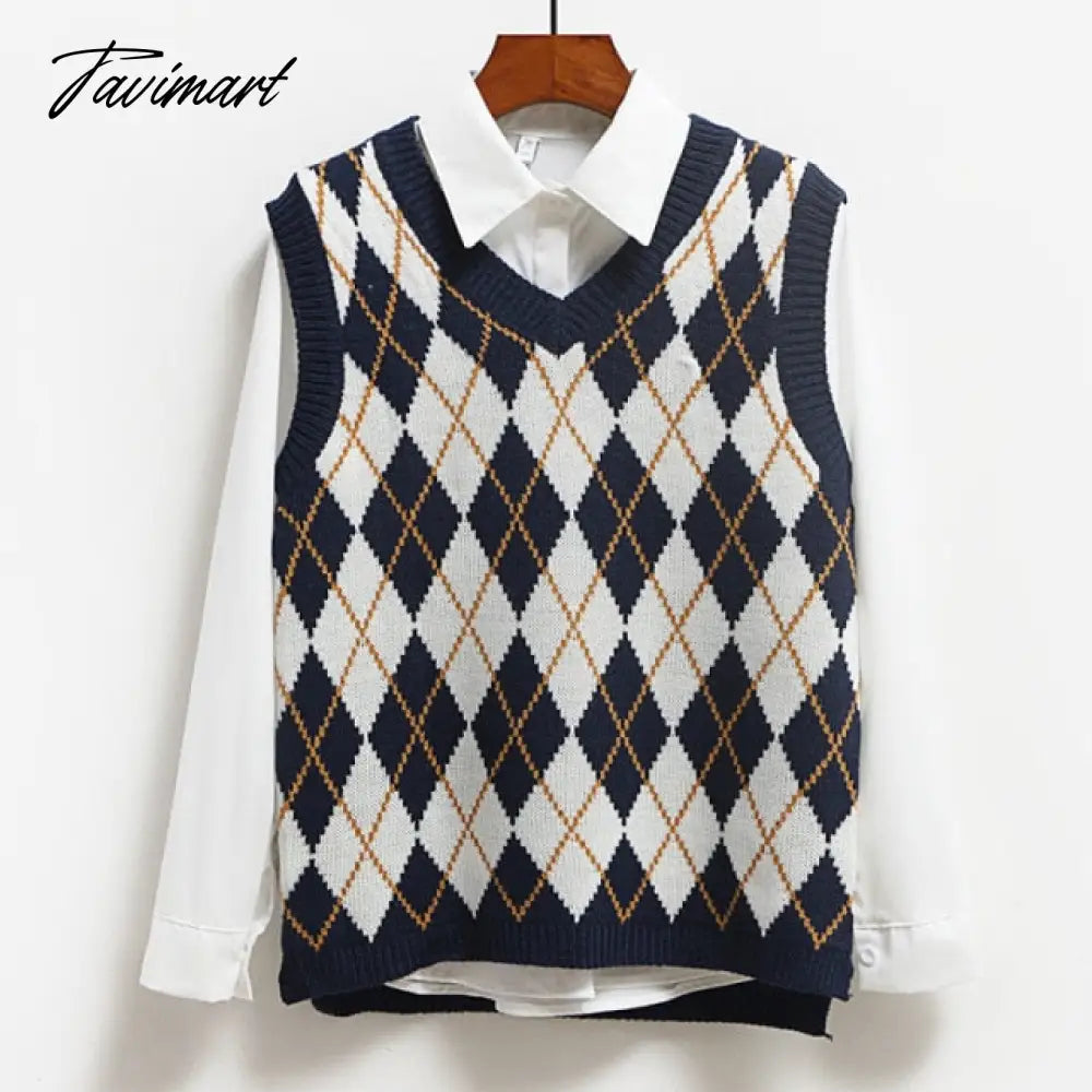 Knitted Vest Vangull Argyle Fashion  Women Casual Korean Pullover Elasticity Sweater Spring Autumn Sleeveless V-Neck Tank Tops