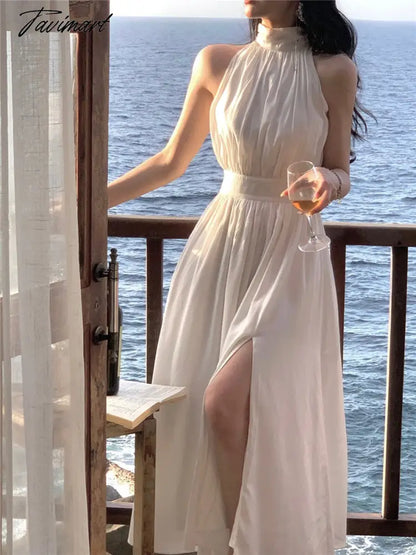 Midi Dress Women Elegant Summer  New Fashion Evening Party Vestido Spring Sleeveless Folds Design Dresses Female Clothing