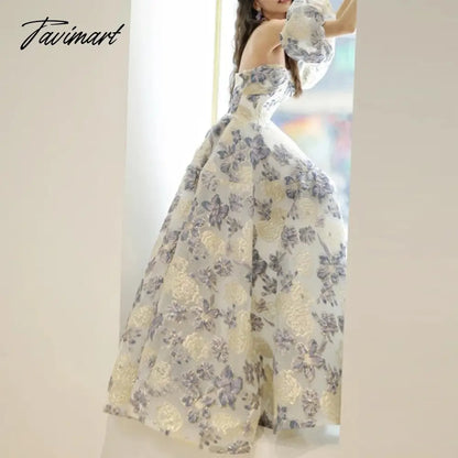 One Shoulder Flower Prinrted Stain Wedding Party Dresses Puff Sleeve Suqare Collar Slim Fit Prom Vestidos Elegant Evening Dress