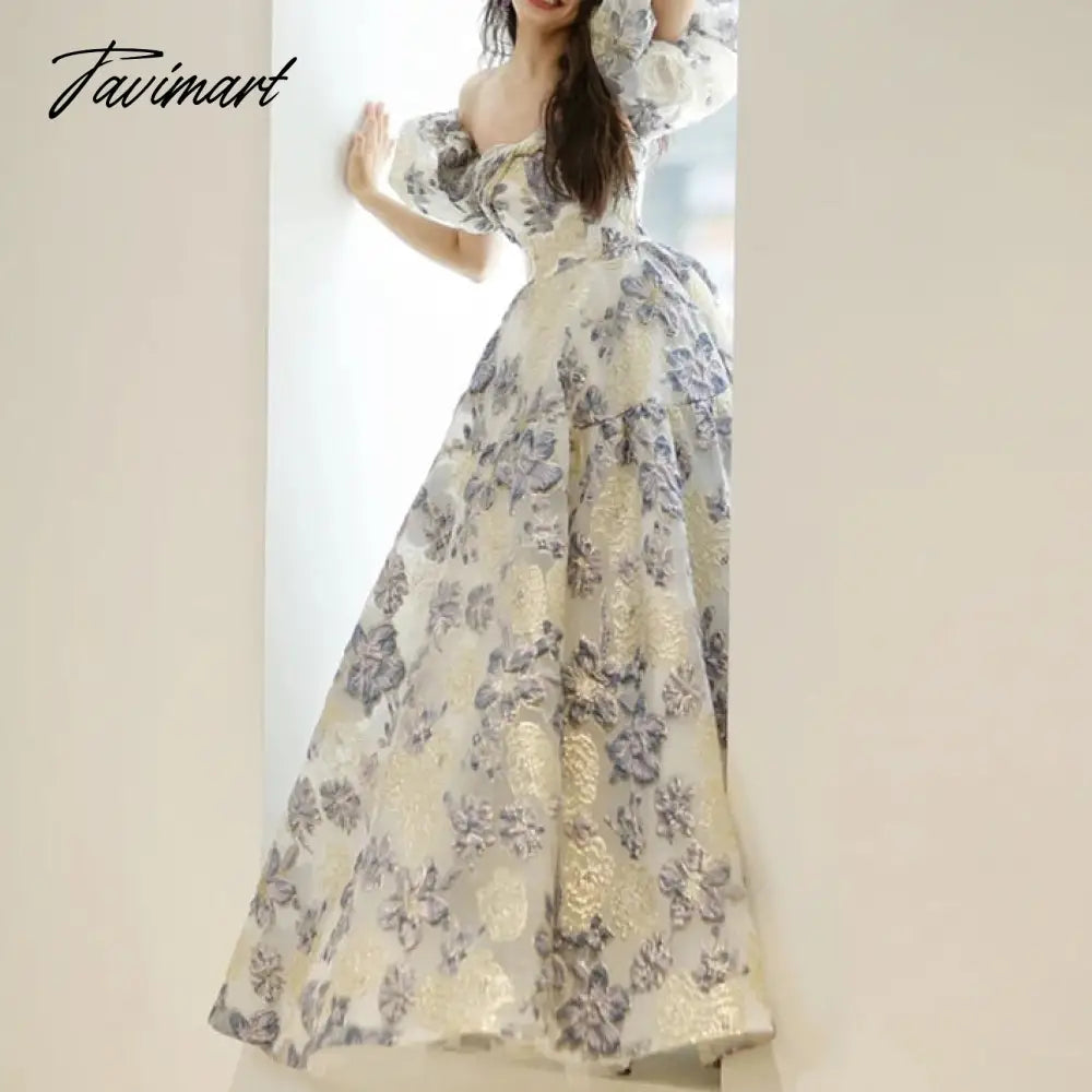 One Shoulder Flower Prinrted Stain Wedding Party Dresses Puff Sleeve Suqare Collar Slim Fit Prom Vestidos Elegant Evening Dress