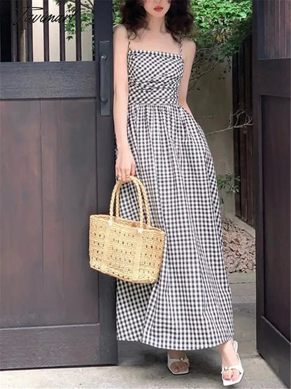 Plaid Dress Women French Elegant Summer New Fashion Evening Party Ladies Vestidos Vintage Slim Midi Dresses Female Clothes