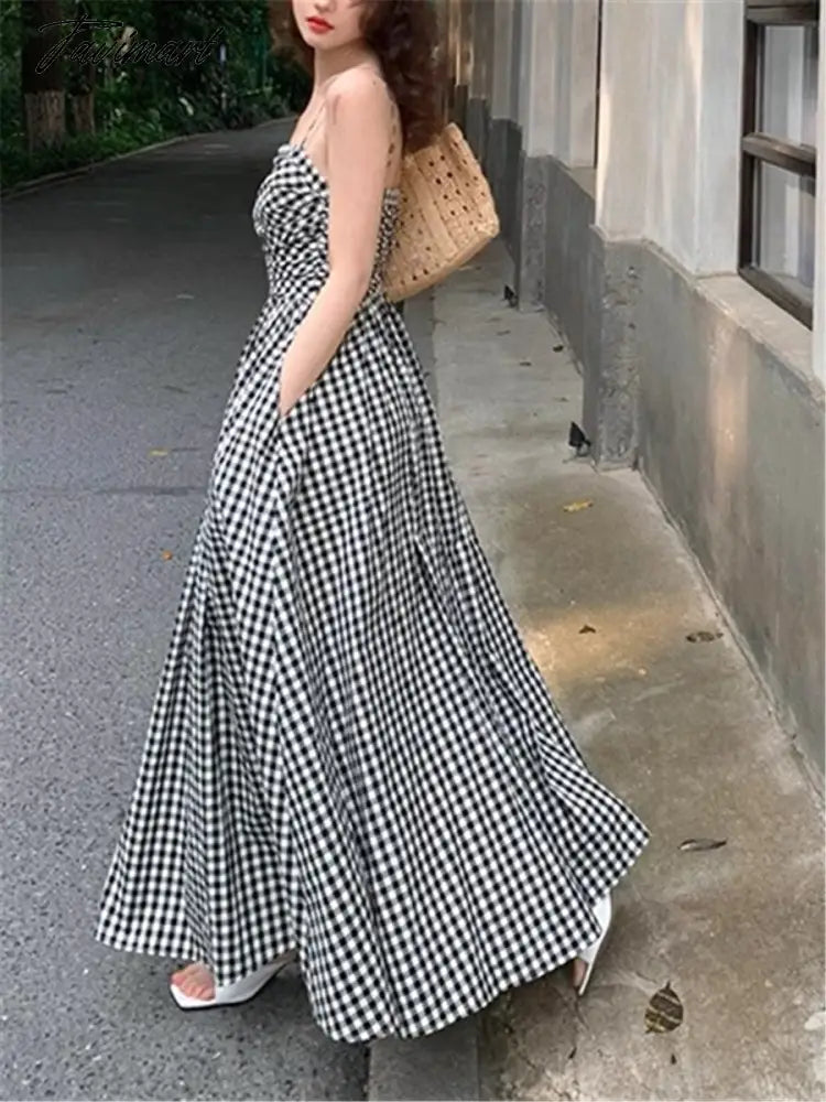 Plaid Dress Women French Elegant Summer New Fashion Evening Party Ladies Vestidos Vintage Slim Midi Dresses Female Clothes