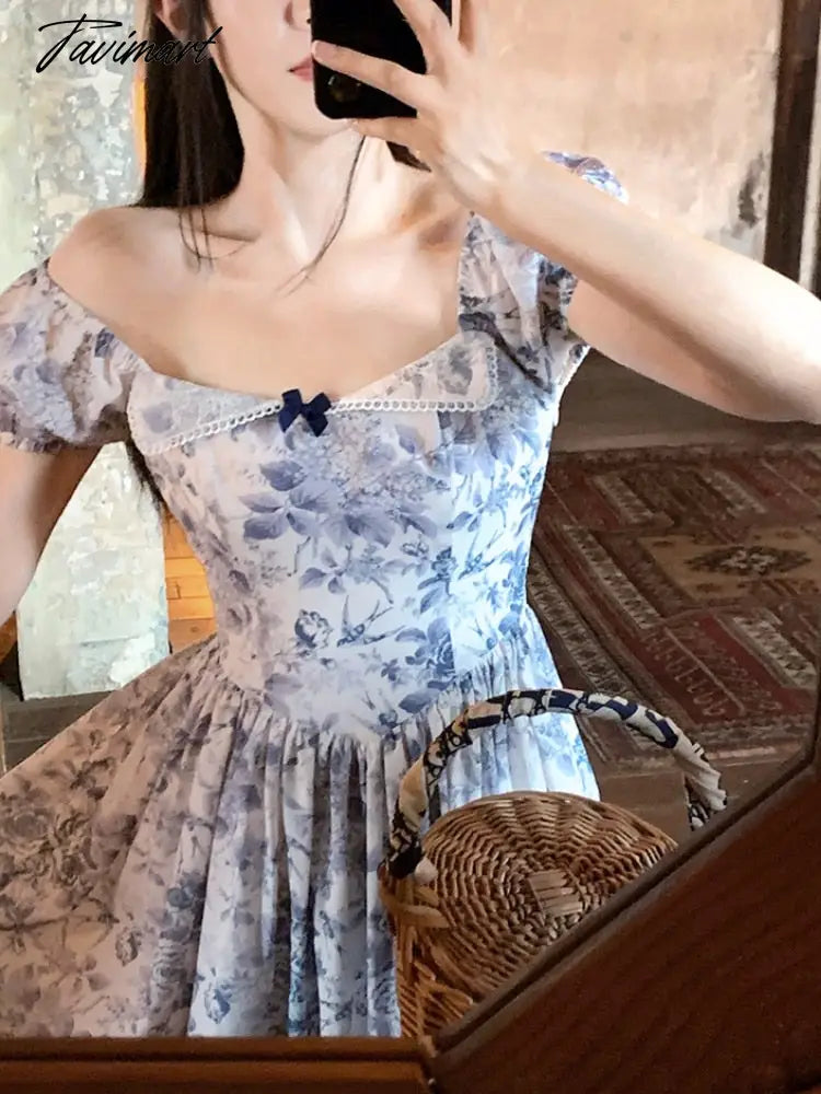 Retro Floral Lace Midi Dress Woman Summer Short Sleeve Elegant Dress Women Even Party One Piece Dress Korean Fashion Chic