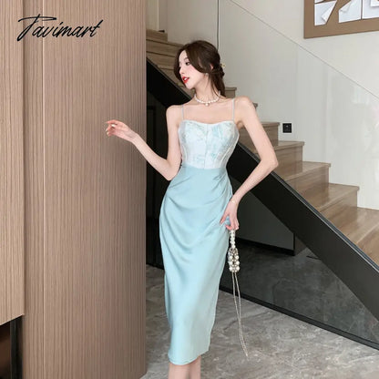 Sexy Backless Midi Dresses for Women Summer Elegant Party Prom Suspender Female Clothes Vestidos Satin Embroidery Evening Dress