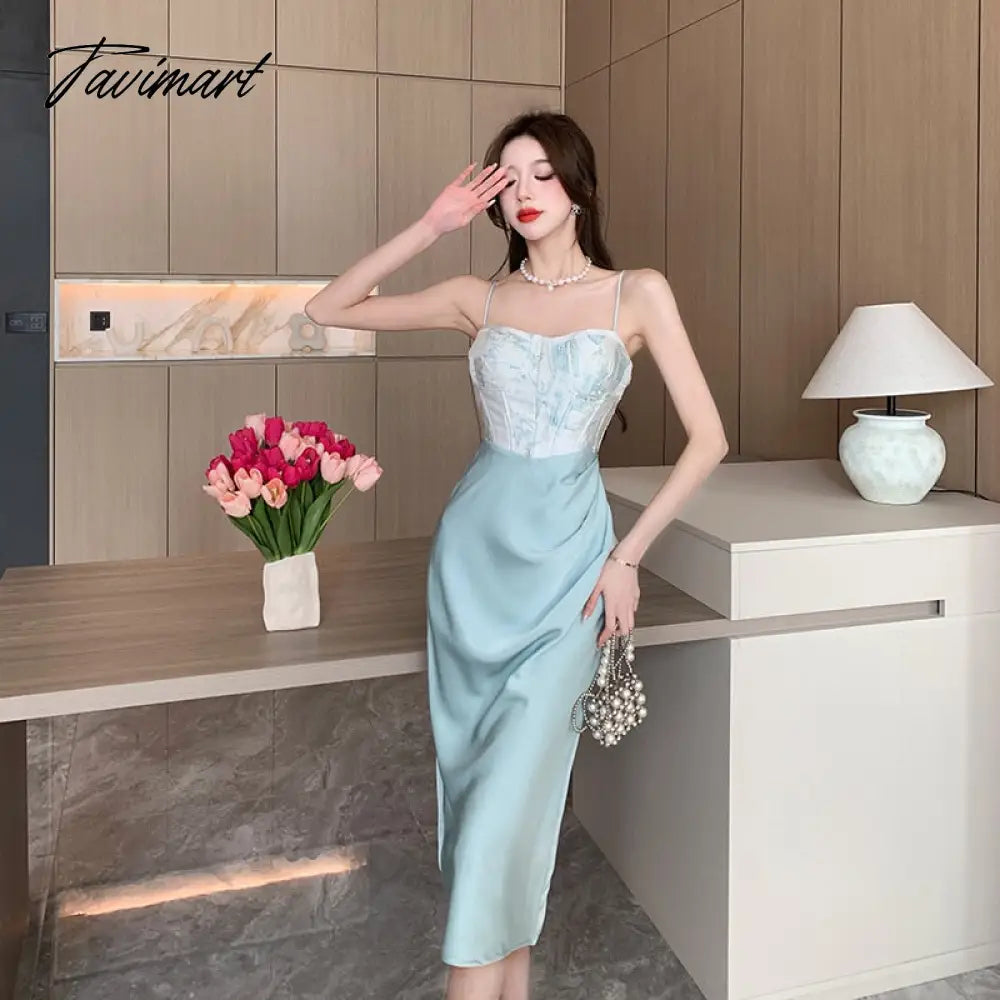 Sexy Backless Midi Dresses for Women Summer Elegant Party Prom Suspender Female Clothes Vestidos Satin Embroidery Evening Dress