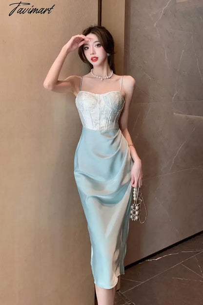 Sexy Backless Midi Dresses for Women Summer Elegant Party Prom Suspender Female Clothes Vestidos Satin Embroidery Evening Dress