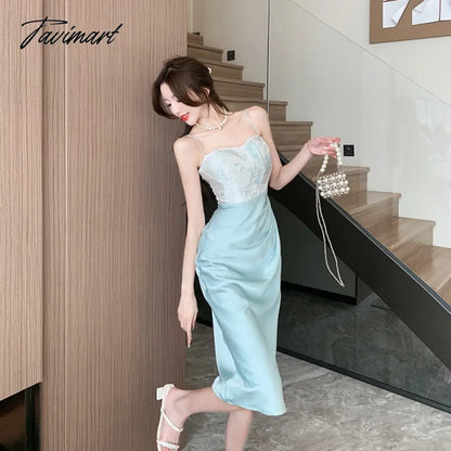 Sexy Backless Midi Dresses for Women Summer Elegant Party Prom Suspender Female Clothes Vestidos Satin Embroidery Evening Dress