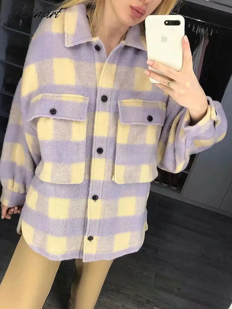 Stylish Sweet Plaid Woolen Shirt Jackets Women Fashion Pockets Turn-down Collar Check Jacket Cute Girls Chic Coat Streetwear