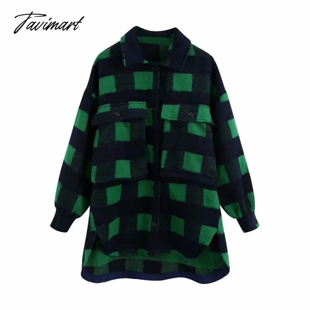 Stylish Sweet Plaid Woolen Shirt Jackets Women Fashion Pockets Turn-down Collar Check Jacket Cute Girls Chic Coat Streetwear