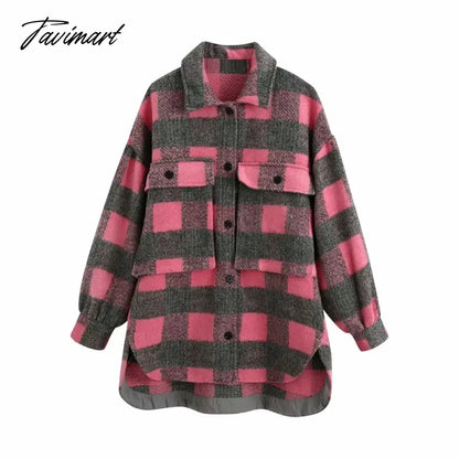 Stylish Sweet Plaid Woolen Shirt Jackets Women Fashion Pockets Turn-down Collar Check Jacket Cute Girls Chic Coat Streetwear