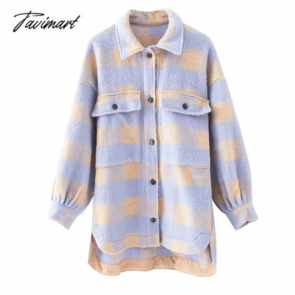 Stylish Sweet Plaid Woolen Shirt Jackets Women Fashion Pockets Turn-down Collar Check Jacket Cute Girls Chic Coat Streetwear