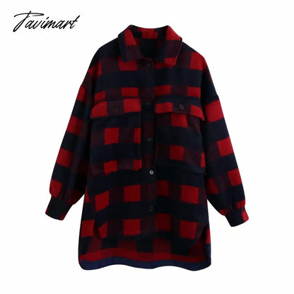 Stylish Sweet Plaid Woolen Shirt Jackets Women Fashion Pockets Turn-down Collar Check Jacket Cute Girls Chic Coat Streetwear