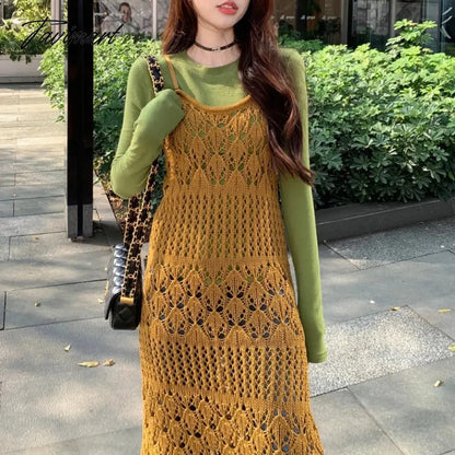 vzyzv 2024 Spring New Streetwear Hollow Sexy Knitted Sling Dress Women + Solid Color Casual Long-sleeved T-shirt Two-piece Suit