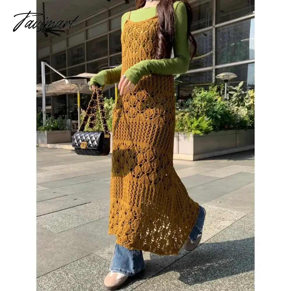 vzyzv 2024 Spring New Streetwear Hollow Sexy Knitted Sling Dress Women + Solid Color Casual Long-sleeved T-shirt Two-piece Suit